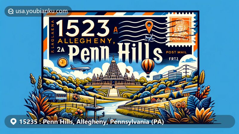 Vibrant illustration of Penn Hills, Allegheny, Pennsylvania, depicting postal theme with ZIP code 15235, featuring landmarks like Sri Venkateswara Temple and Allegheny River, blending natural beauty and community spirit.
