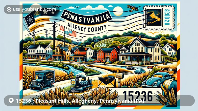 Modern illustration of Pleasant Hills, Allegheny County, Pennsylvania, showcasing suburban theme with historical farming and peaceful suburb vibes, featuring symbols of Pennsylvania and postal elements.