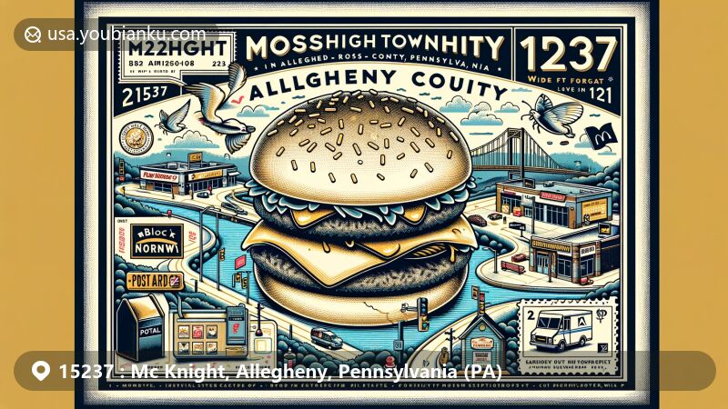 Modern illustration of McKnight, Allegheny County, Pennsylvania, showcasing postal theme with ZIP code 15237, featuring Ross Township's geographic outline, The Block Northway shopping center, and a Big Mac burger.