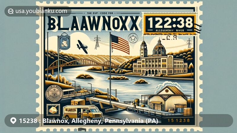 Vibrant illustration of Blawnox, Pennsylvania, featuring Allegheny River, Sycamore Island, and Blawnox Borough Hall within a modern air mail envelope design, showcasing community spirit and state identity.