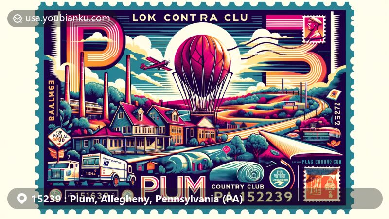 Modern illustration of Plum, Pennsylvania, showcasing postal theme with ZIP code 15239, featuring Oakmont Country Club and historical coal mining and agriculture elements.