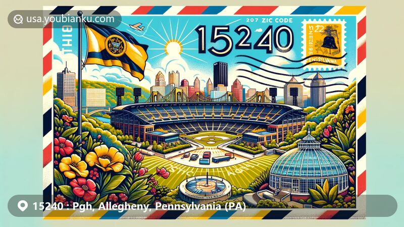 Modern illustration of Pittsburgh, Pennsylvania, featuring PNC Park and Phipps Conservatory, with a postal theme including ZIP code 15240, showcasing lush botanical beauty and vibrant city skyline.
