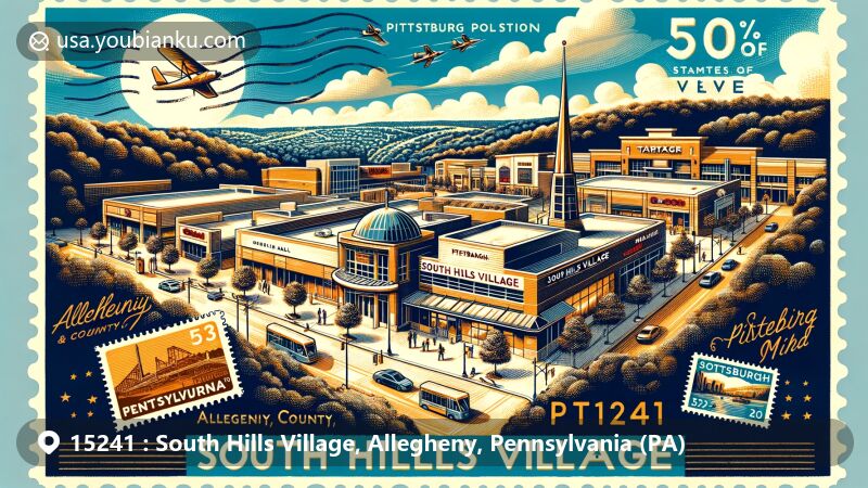 Modern illustration of South Hills Village, a bustling suburban shopping center in Allegheny County, Pennsylvania, featuring iconic elements symbolizing its connection to Pittsburgh and suburban atmosphere, including the two-tiered South Hills Village Mall housing stores like Target and Dick's Sporting Goods, and the South Hills Village station of Pittsburgh's light rail network. The artwork captures the beauty of Pennsylvania's nature and architecture, such as the rolling hills and suburban landscapes typical of the South Hills area, as well as the vibrant community ambiance. Incorporating postal elements like vintage postcard format, stamps with '15241' ZIP code, stamps depicting the shopping center or local landmarks, and postal marks, to emphasize the theme of communication and connectivity. This modern illustration style is perfect for postal-themed webpages, highlighting the unique fusion of urban and suburban life in South Hills Village, PA.