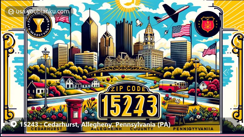 Modern illustration of Pittsburgh, Allegheny County, Pennsylvania, showcasing iconic skyline, county outline, and state flag, with vintage postal elements like postcard design, postmark '15243', and red mailbox.