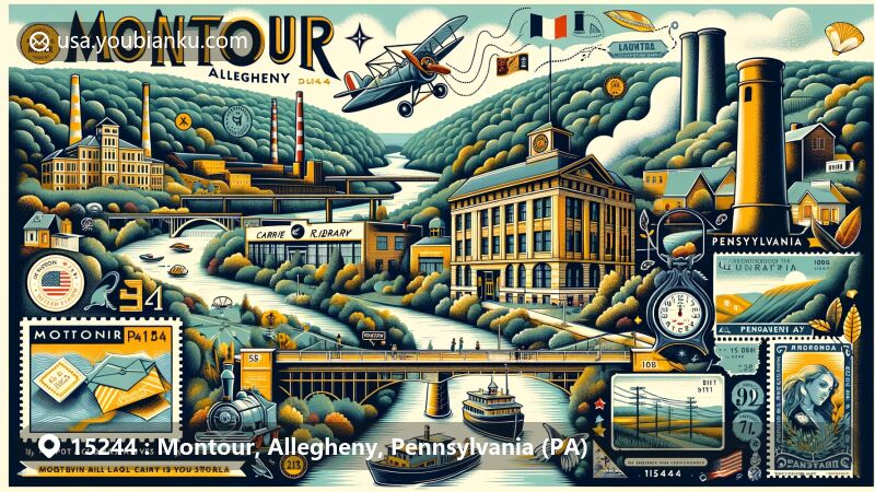 Modern illustration of Montour, Allegheny, Pennsylvania, showcasing postal theme with vintage postal elements and Carrie Blast Furnaces, highlighting Montour Trail and Carnegie Free Library.
