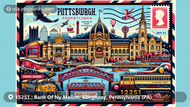 Modern illustration of Pittsburgh, Pennsylvania, showcasing iconic landmarks like Carnegie Science Center, National Aviary, Children's Museum, Duquesne Incline, Cathedral of Learning, and Strip District, with postal elements including stamp, postmark, and ZIP code 15251.