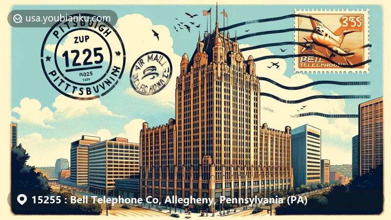 Modern illustration of Bell Telephone Building in downtown Pittsburgh, showcasing postal theme with ZIP code 15255, featuring vintage postcard design with air mail envelope, stamp, and postmark.
