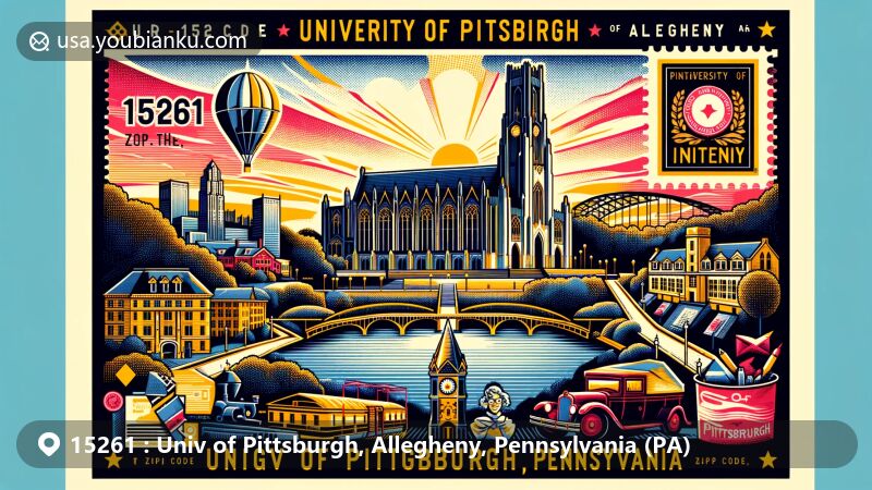 Modern illustration of University of Pittsburgh campus in Allegheny County, PA, showcasing educational excellence, astronomy contributions, industrial heritage, and postal theme with ZIP code 15261.