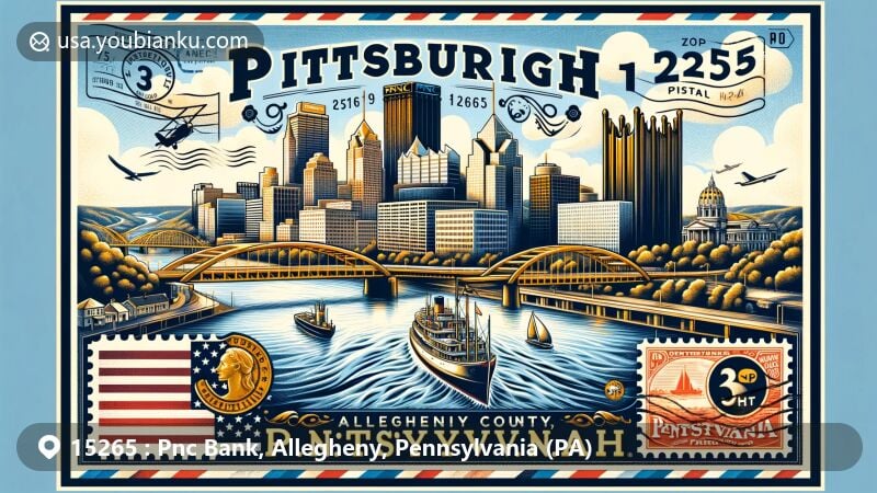 Modern illustration of PNC Bank in Allegheny County, Pittsburgh, Pennsylvania, showcasing iconic landmarks and cultural symbols like the skyline, Three Rivers confluence, and steel industry heritage, combined with postal elements and vintage postage stamp featuring the Pennsylvania state flag and ZIP code 15265.