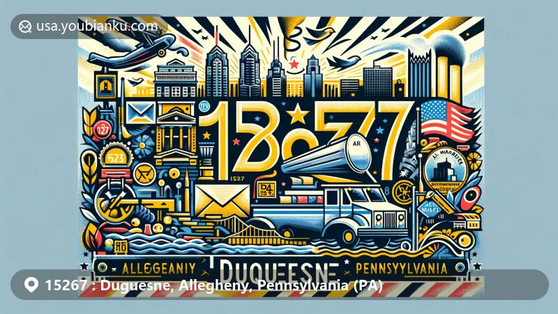 Modern illustration of Duquesne, Allegheny, Pennsylvania, showcasing vibrant postal theme with community bonds and steel industry heritage, featuring postal symbols like stamps, mail truck, and ZIP code 15267.