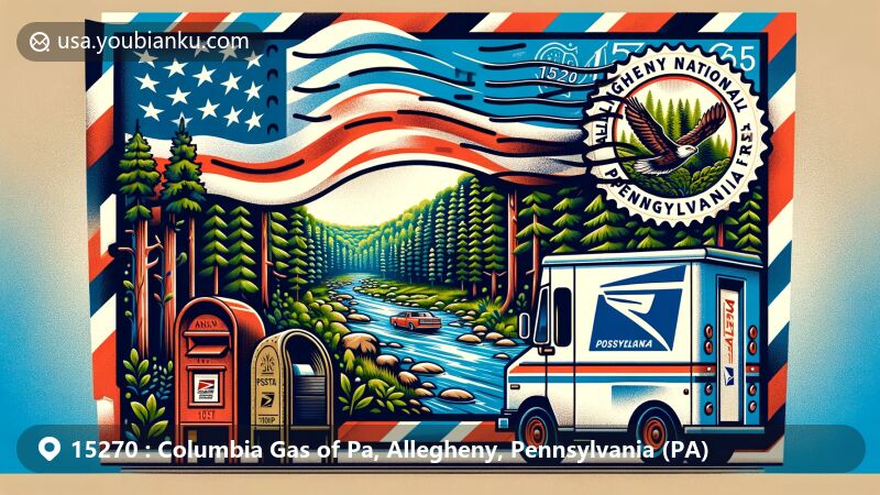 Modern illustration of Allegheny National Forest, Pennsylvania, blending natural beauty, the state flag, and postal theme with ZIP code 15270. Features a decorative airmail envelope framing a stamp depicting the forest, '15270' postmark, American mailbox, and postal van.