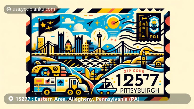 Creative and modern illustration of Pittsburgh, Pennsylvania, representing ZIP code 15277, featuring iconic skyline, bridge elements, state flag, and postal symbols like stamps and postmark.