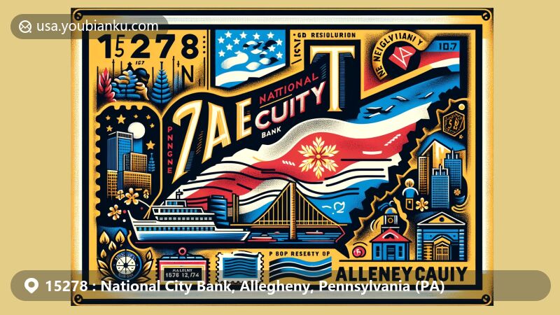 Modern illustration of National City Bank area in Allegheny County, Pennsylvania (PA), highlighting ZIP code 15278, featuring state flag, county outline, and iconic landmark. Includes postal elements like stamps, postmark, and vintage postcard design.