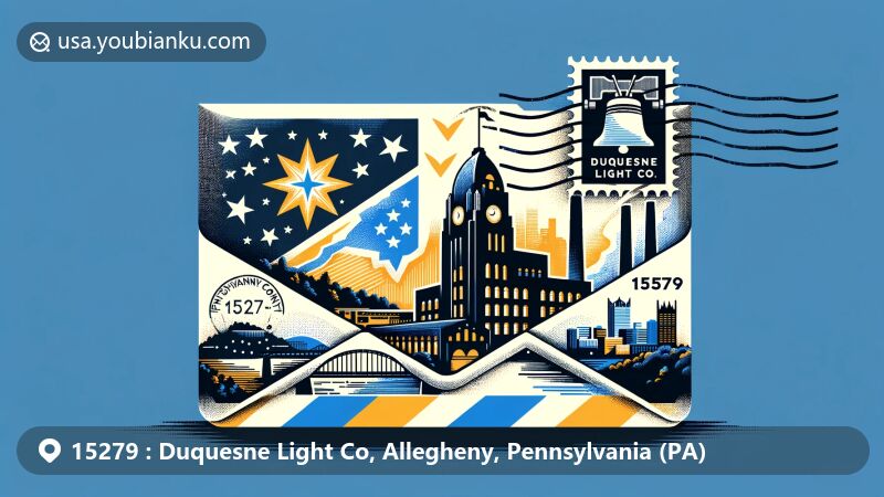 Modern illustration of Duquesne Light Co area, Allegheny County, Pennsylvania, featuring airmail envelope with postal elements and ZIP code 15279, integrating Pennsylvania state flag, county map outline, and Point State Park representation.