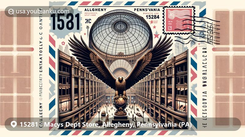 Modern illustration of Macy's Department Store in Allegheny, Pennsylvania, featuring ZIP code 15281 with iconic bronze eagle, Wanamaker building interior, postage stamp, postmark, and symbolic postal elements.