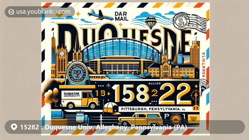 Vibrant illustration of Duquesne University in Allegheny, Pennsylvania, with PPG Paints Arena and Arthur J. Rooney Athletic Field, showcasing rich history and connection to Pittsburgh Steelers.