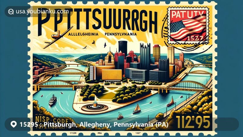 Modern illustration of Pittsburgh, Allegheny County, PA, showcasing Point State Park where rivers converge, Fort Duquesne outline, and Grandview Overlook skyline, mimicking a vintage postcard with ZIP code 15295.