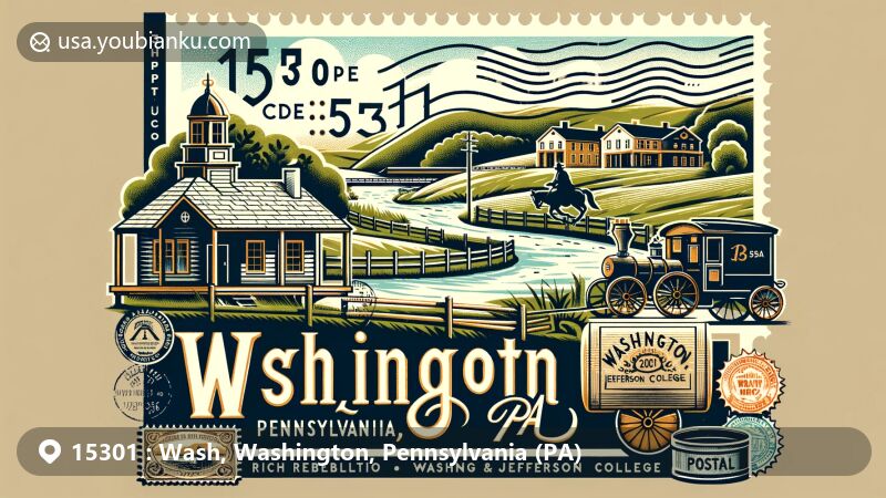 Modern illustration of Washington, Pennsylvania, featuring Whiskey Rebellion, David Bradford House, Washington & Jefferson College, streams, and valleys, with vintage postal elements like postcard layout, old postage stamp with ZIP code 15301, ink stamp 'Washington, PA', and stylized mail carriage.