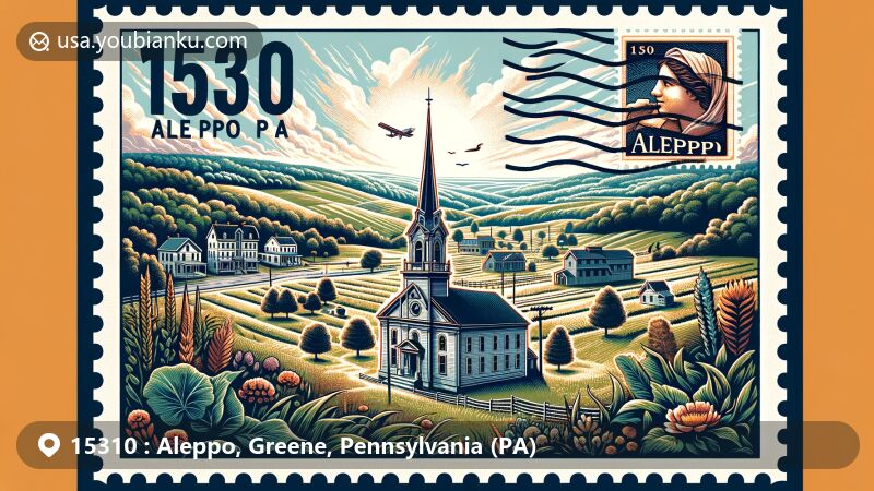 Modern illustration of Aleppo, Greene County, Pennsylvania, depicting natural landscape with rolling hills and lush greenery, featuring historical architecture from early 19th-century founding, along with postal theme showcasing vintage postage stamp, postal mark with ZIP code 15310, and envelope or postcard outline.