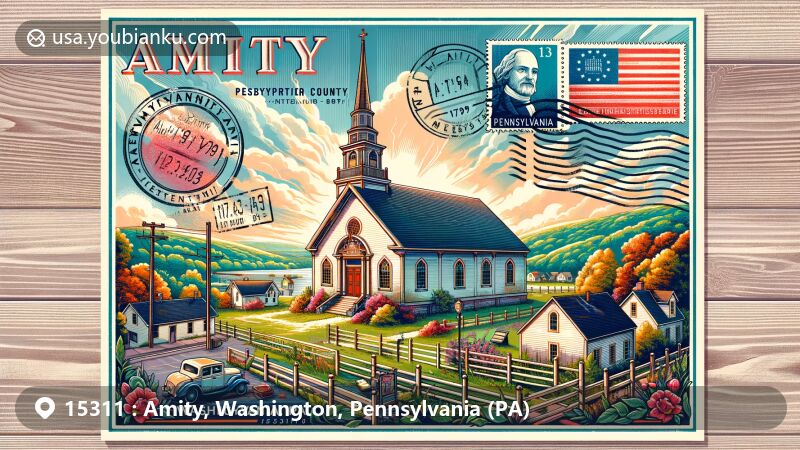 Modern illustration of Amity area, Washington County, Pennsylvania, featuring Amity Presbyterian Church and postal theme with 'Amity, PA 15311' postmark, antique envelope border, and state symbols.