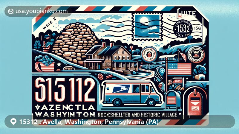 Modern illustration of Avella, Washington, Pennsylvania (PA), highlighting Meadowcroft Rockshelter and Historic Village, Pennsylvania state flag, and postal elements like stamps and postmark with ZIP code 15312.