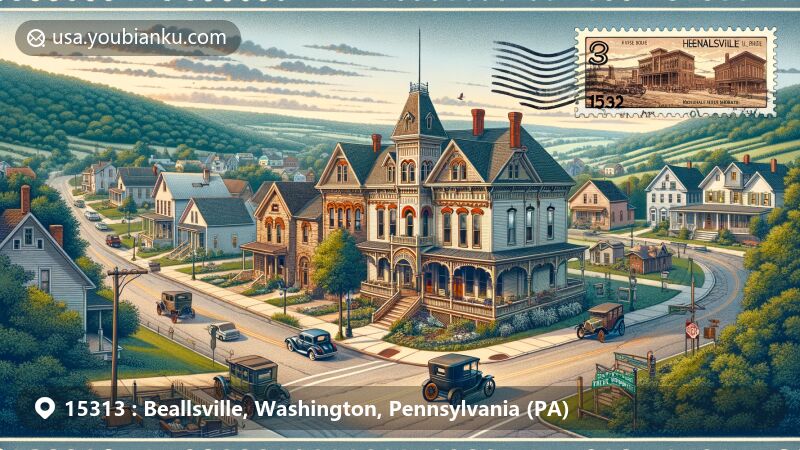 Modern illustration of Beallsville, Washington County, Pennsylvania, depicting Historic National Hotel, Italianate and Queen Anne residences, Craftsman Bungalow, vintage coach, and rural landscape, integrating postal theme with ZIP code 15313.
