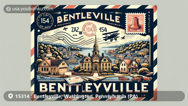 Modern illustration of Bentleyville, Washington County, Pennsylvania, featuring postal theme with ZIP code 15314, including vintage air mail envelope, postage stamp, and postmark, and silhouette of the town.