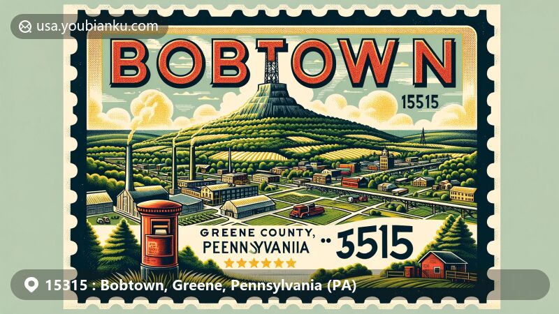 Modern illustration of Bobtown, Greene County, Pennsylvania, capturing the picturesque plateau landscape, lush greenery, and coal mining heritage, with a nod to postal themes and ZIP code 15315.