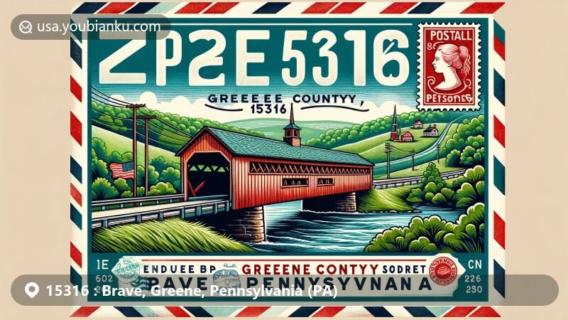 Modern illustration of Brave area, Greene County, Pennsylvania, showcasing charming covered bridge, lush green landscape, and postal theme with Pennsylvania symbols, without resolution numbers.