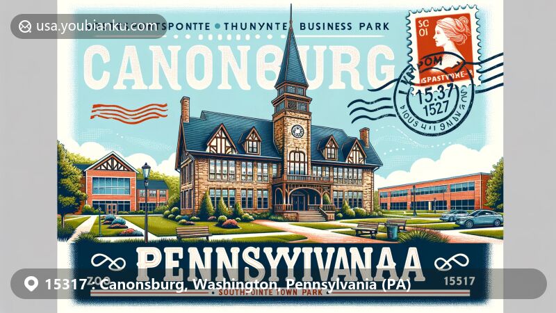 Modern illustration of Canonsburg, Washington County, Pennsylvania, featuring Hawthorne School, Southpointe business park, and Canonsburg Town Park, with postal theme showcasing ZIP code 15317.