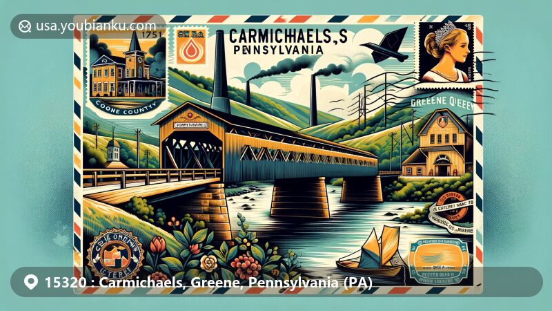 Modern illustration of Carmichaels, Pennsylvania, highlighting Carmichaels Covered Bridge and Greene Academy, with nods to Coal Queen Pageant and ZIP Code 15320, blending natural beauty and coal mining heritage of Greene County.