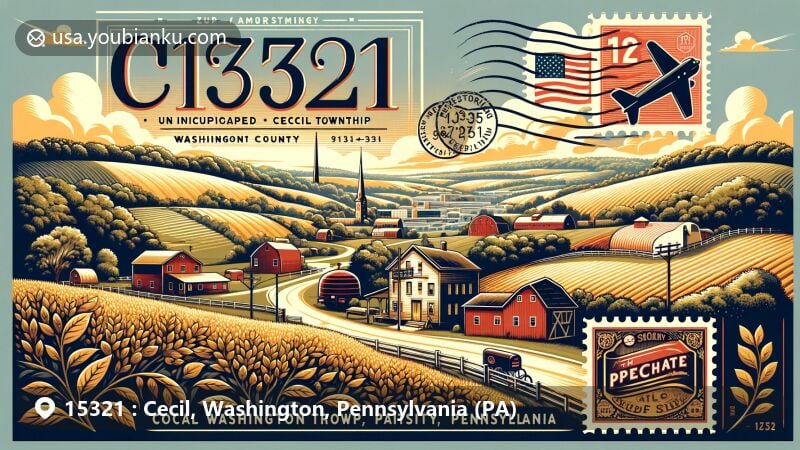 Modern illustration of Cecil, Washington County, Pennsylvania, showcasing postal elements with ZIP code 15321, featuring Southpointe Business Park and rural landscape.
