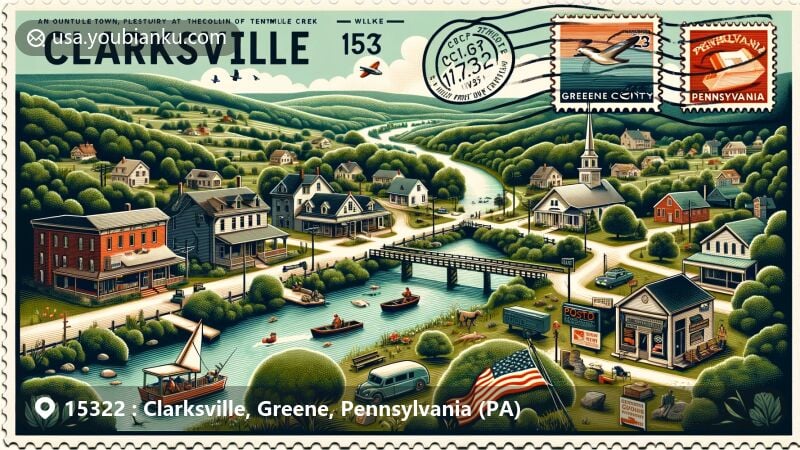Modern illustration of Clarksville, Greene County, Pennsylvania, depicting outdoor activities and local businesses, set in lush landscapes, with a vintage postal theme showcasing ZIP code 15322 and Pennsylvania state symbols.