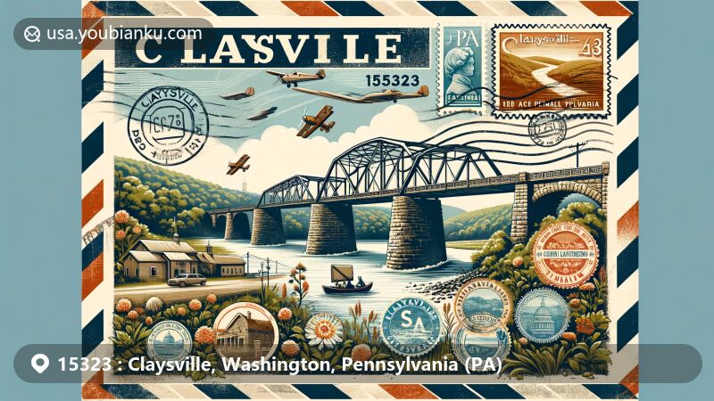 Modern illustration of Claysville, Pennsylvania, featuring historic S Bridge and postal theme with ZIP code 15323, incorporating local flora and vintage airmail envelope design.