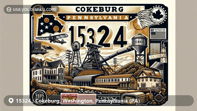 Modern illustration of Cokeburg, Pennsylvania, featuring coal mining heritage and postal theme with ZIP code 15324, showcasing vintage coal tipple, coke ovens, and modern town elements integrated with Pennsylvania state flag and Washington County outline.