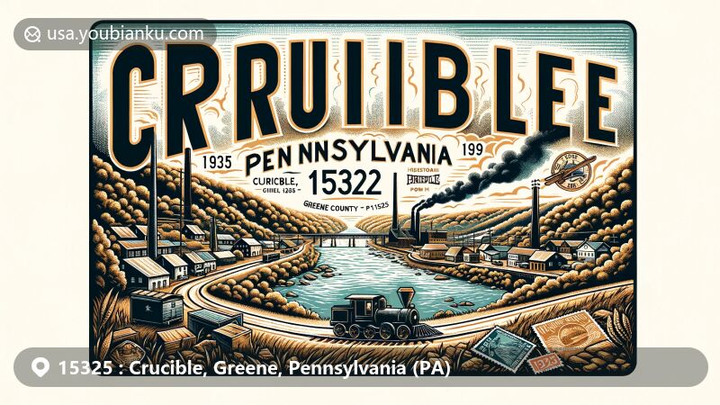Modern illustration of Crucible, Greene County, Pennsylvania, capturing Monongahela River and coal mining heritage in vintage postcard style with ZIP code 15325 and postal elements.