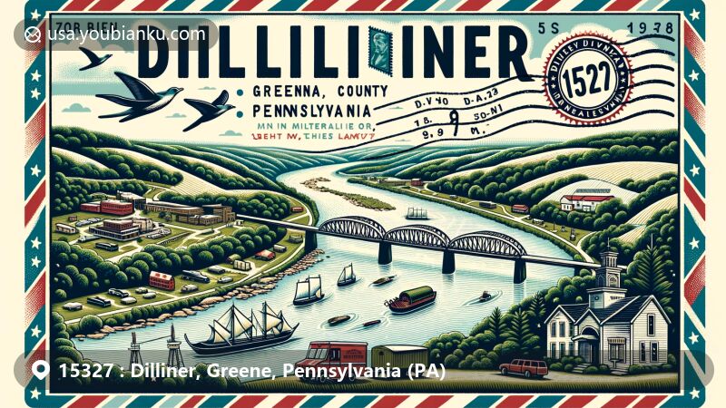 Modern illustration of Dilliner, Greene County, Pennsylvania, highlighting ZIP code 15327, featuring Monongahela River, Pennsylvania Route 88, and Mason-Dixon Line, with state symbols White-Tailed Deer and Mountain Laurel, in a creative postal theme.