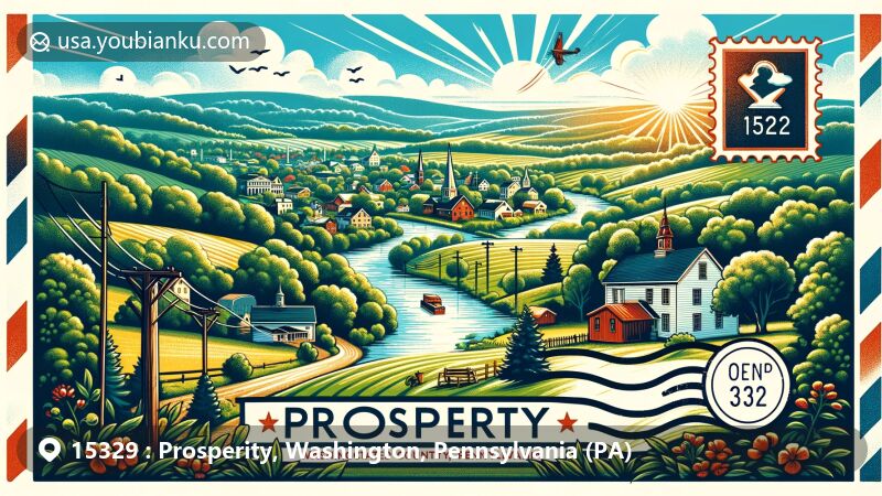 Modern illustration of Prosperity, Washington County, Pennsylvania, showcasing rural countryside scenery, vintage postcard layout with ZIP code 15329, featuring local landmarks and postal elements.