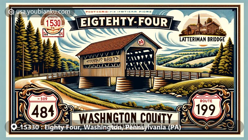 Modern illustration of Eighty Four, Washington County, Pennsylvania, featuring Leatherman Covered Bridge as a key landmark, vintage postcard style with 84 Lumber motifs, PA Route 519 and 136 integration, serene rural background.