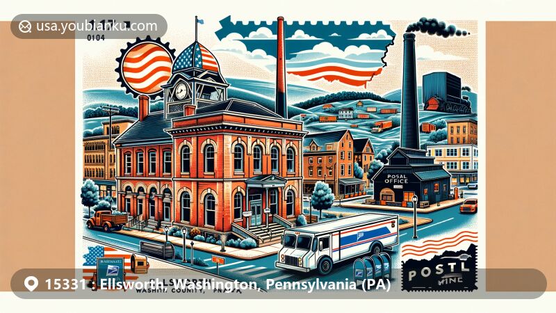 Modern illustration of Ellsworth, Washington County, Pennsylvania, highlighting postal theme with ZIP code 15331, featuring vintage post office, postal truck, mailbox, and postage stamp element, along with Pennsylvania state flag and county map outline.