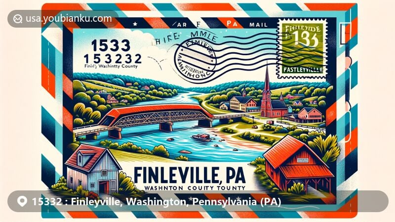 Modern illustration of Finleyville, Washington County, Pennsylvania, showcasing postal theme with air mail envelope, stamps, and postmark featuring ZIP code 15332 and Finleyville, PA, centered around Mingo Creek County Park and historic covered bridges.