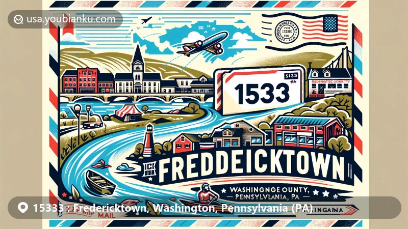 Modern illustration of Fredericktown, Washington County, Pennsylvania, showcasing postal theme with ZIP code 15333, featuring Monongahela River, local boating scene, rooftop chicken, and Washington County's outline.