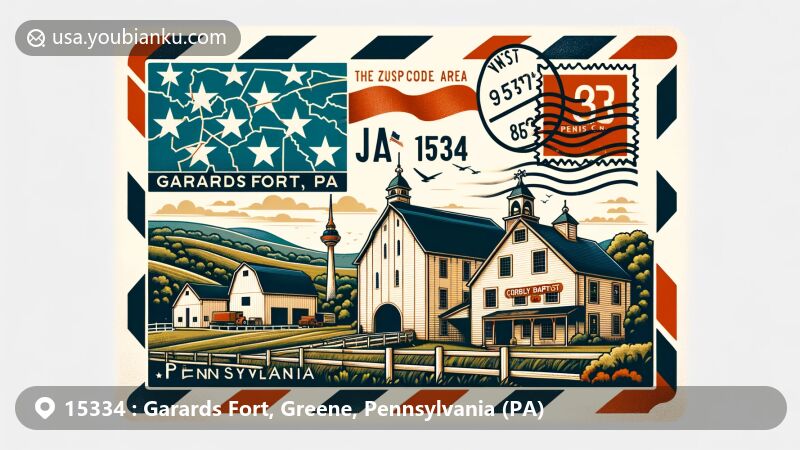 Modern illustration of Garards Fort, Greene County, Pennsylvania, showcasing postal theme with ZIP code 15334, featuring historical white barn and Corbly Baptist Church, incorporating Pennsylvania state symbols.