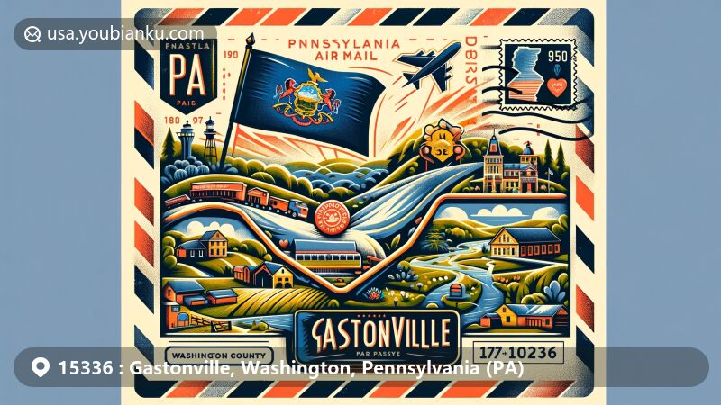 Modern illustration of Gastonville, PA, featuring vintage air mail envelope with Pennsylvania state flag, Washington County map outline, Trax Farms Market, and Scenic Valley Golf Course, showcasing local postal heritage.