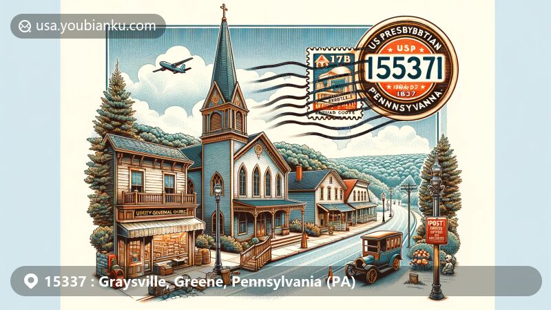 Modern illustration of Graysville, Pennsylvania, showcasing Unity Presbyterian Church, 'Mother Presbyterian Church of Greene County' since 1814, and Graysville General Store since 1817, with postal theme featuring vintage stamp, post office box, and carriage.