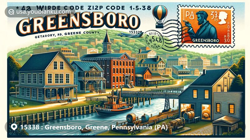Colorful illustration of Greensboro, Greene County, Pennsylvania, showcasing ZIP code 15338 and the historic Greensboro Historic District, known for its pottery and glassmaking history, featuring the Civil War-era wharf, a restored log cabin, the Glassworks site, and the scenic Monongahela River.