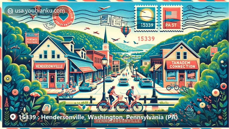 Modern illustration of Hendersonville, Washington County, Pennsylvania, capturing postal theme with ZIP code 15339, showcasing Tandem Connection bike rental and local shops, reflecting small-town charm and friendly atmosphere.