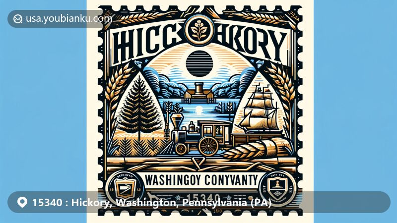 Modern illustration of Hickory, Pennsylvania, depicting postal theme with ZIP code 15340, showcasing state symbols like Keystone symbol and Pennsylvania's coat of arms, including a ship, a plow, three sheaves of wheat, and Eastern Hemlock tree.