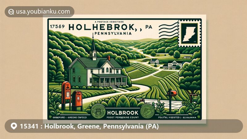 现代插图，展示印第安纳州克劳福德县霍顿镇，突出展示以47140为邮政主题，展示玛伦戈洞穴和印第安纳州象征。