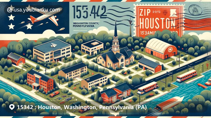 Modern illustration of Houston, Washington County, Pennsylvania, blending local landmarks like high school and residential areas with postal theme elements like air mail envelope, Pennsylvania state flag stamp, and 'ZIP 15342' postal mark.